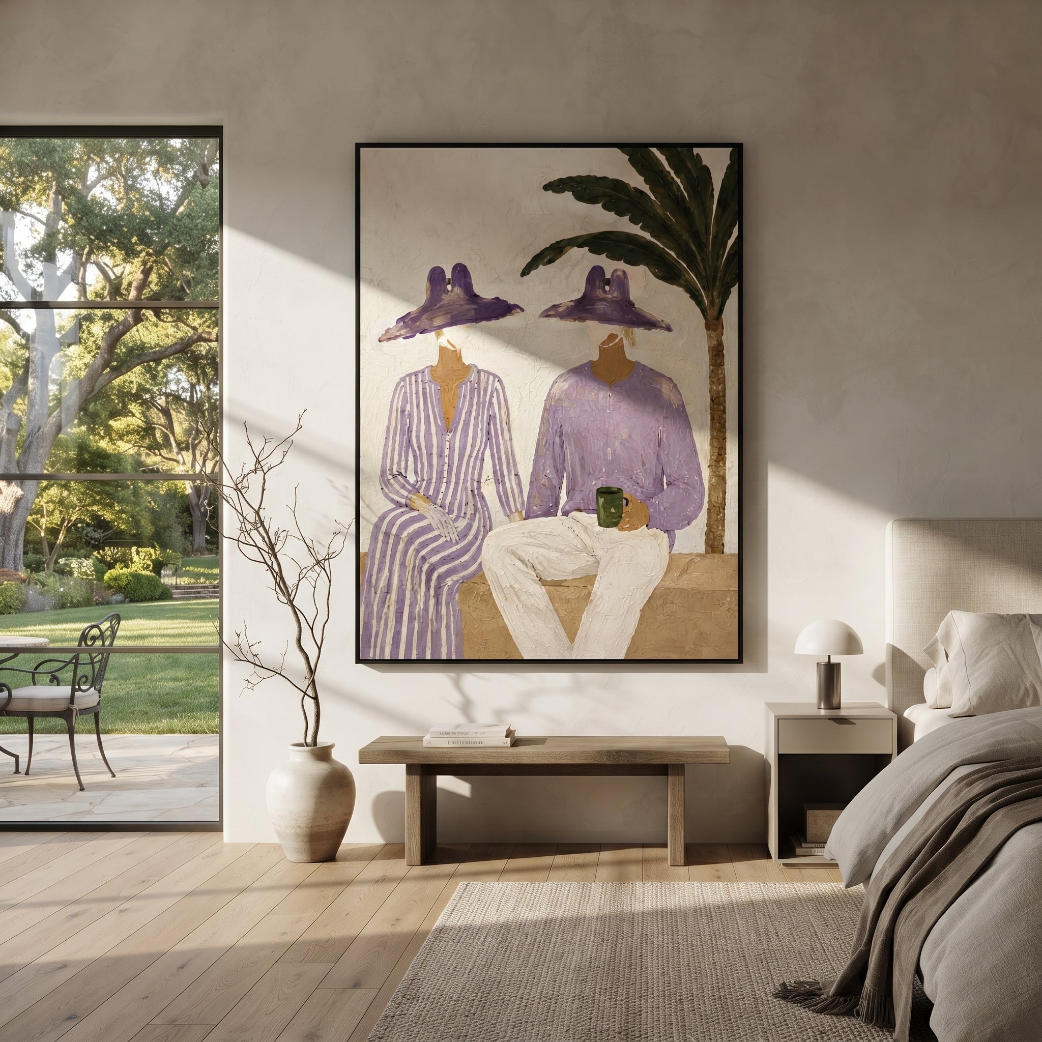 Purple Hats Share Coffee presented above a contemporary console