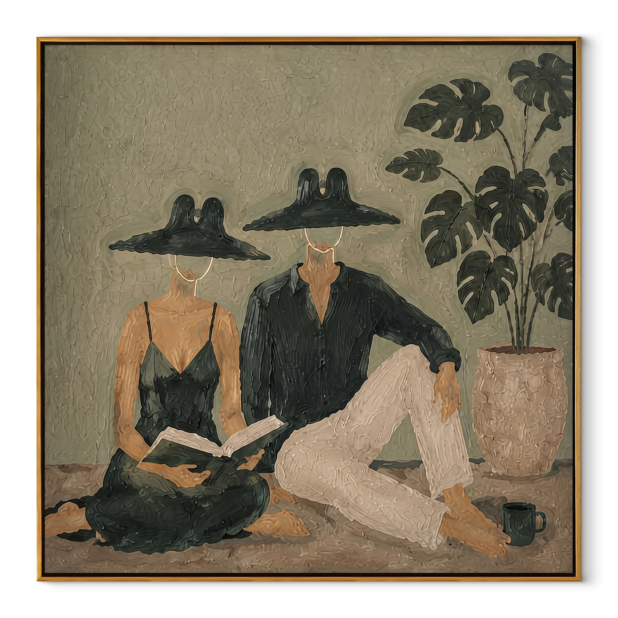 Black Hats Read Together coastal figurative textured painting, square canvas artwork