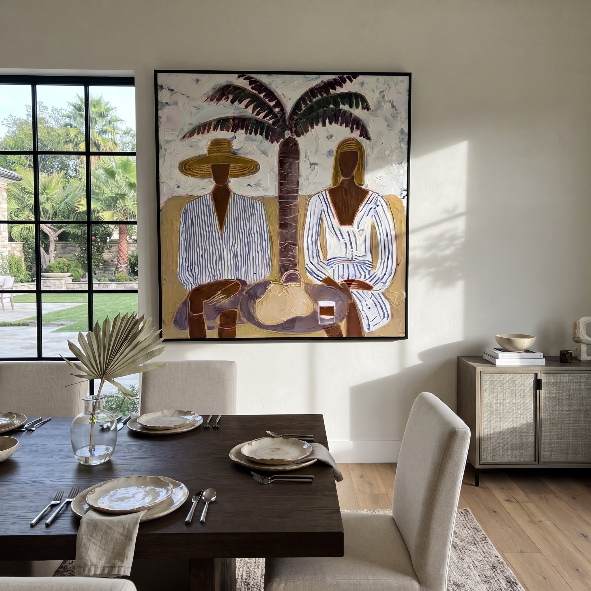 Striped Leisure Beneath Palms presented above a contemporary console