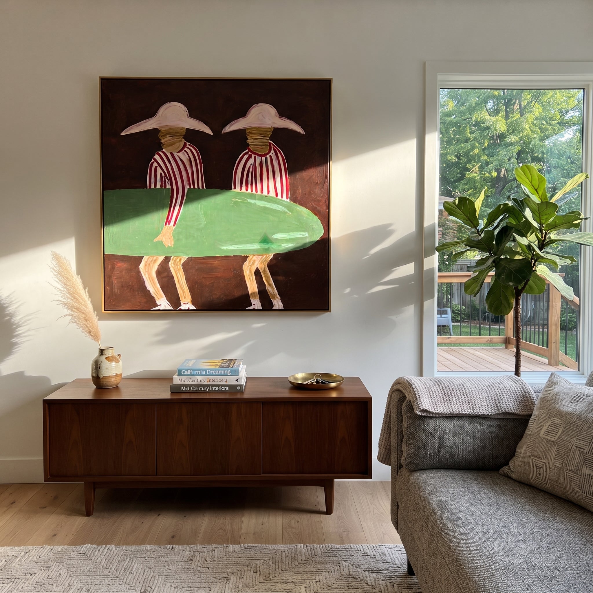 Green Board Crosses Burgundy displayed in a warm contemporary interior