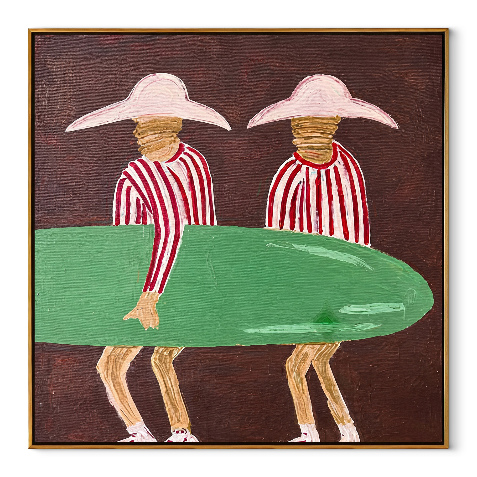 Green Board Crosses Burgundy coastal figurative textured painting, square canvas artwork