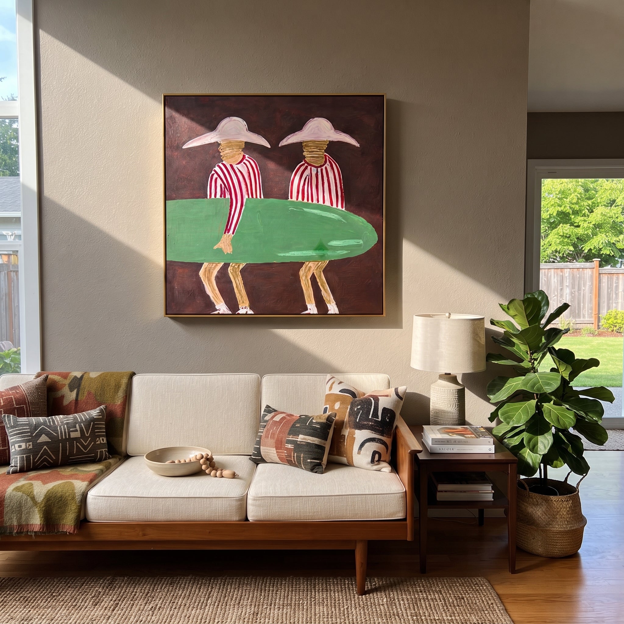 Green Board Crosses Burgundy styled with neutral modern furnishings