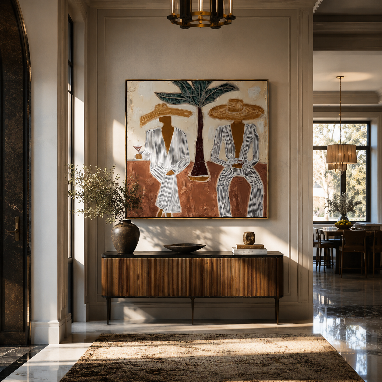Palm Stands Between Brims displayed in a warm contemporary interior