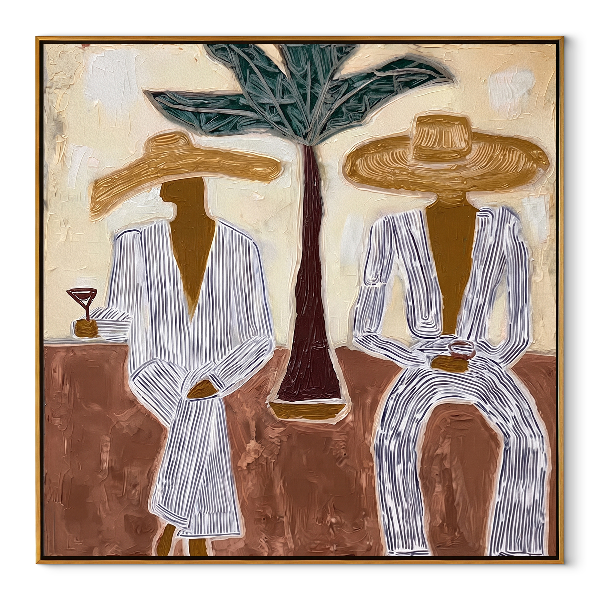 Palm Stands Between Brims coastal figurative textured painting, square canvas artwork