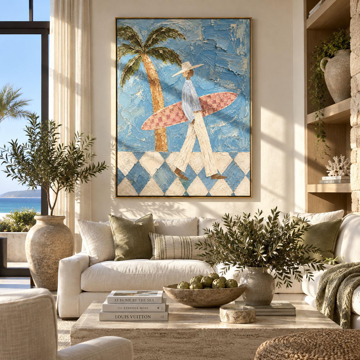 Pink Board Under Palms – blue and pink textured surfer painting displayed in a coastal interior
