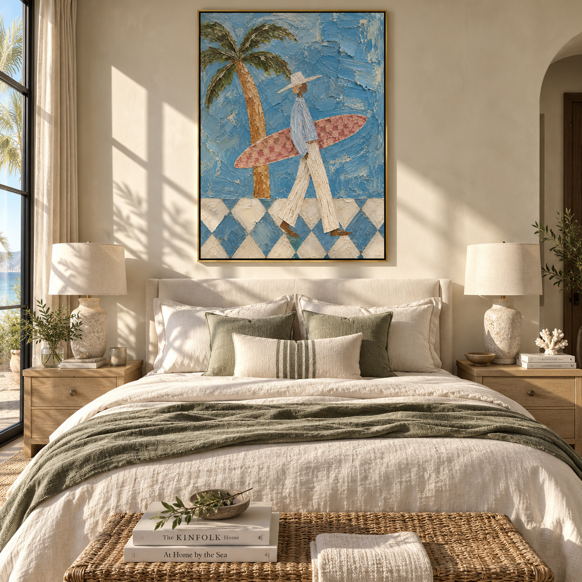 Pink Board Under Palms – pink surfboard wall art shown in a bright modern room