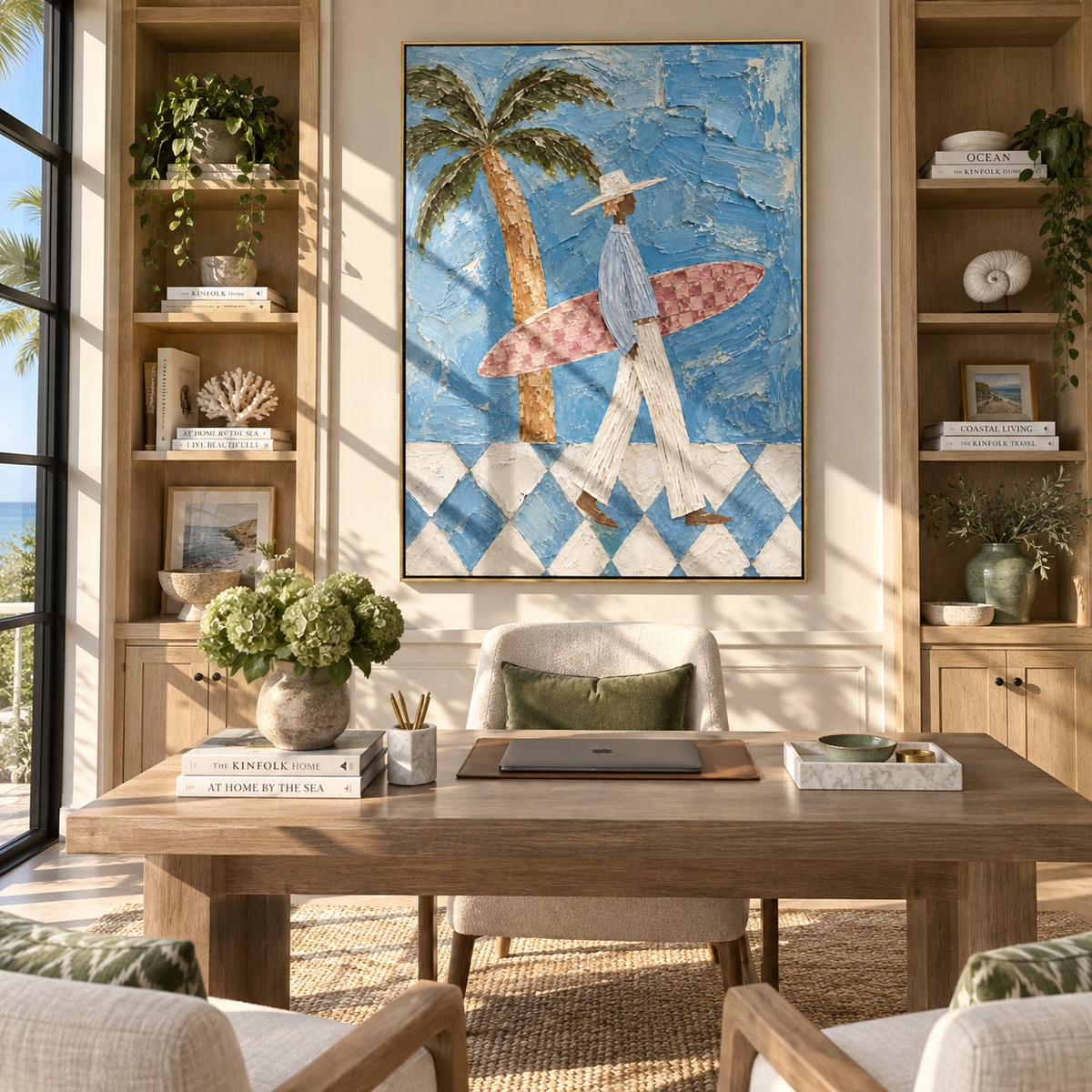 Pink Board Under Palms – textured coastal figure painting styled with relaxed furnishings