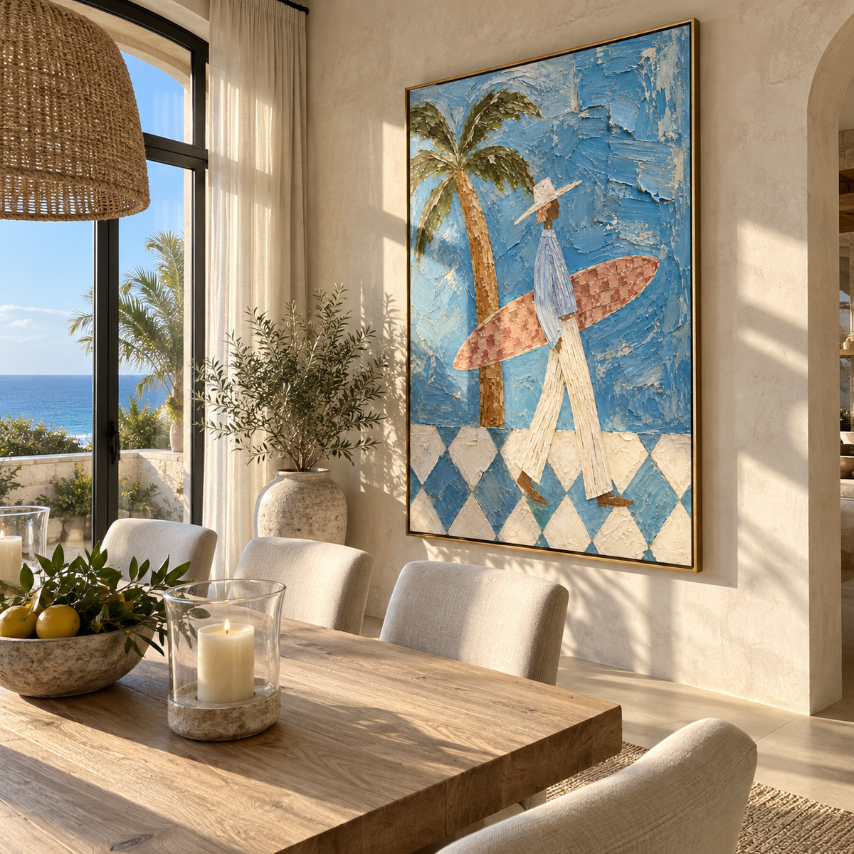 Pink Board Under Palms – palm and surfer painting presented in a contemporary room setting