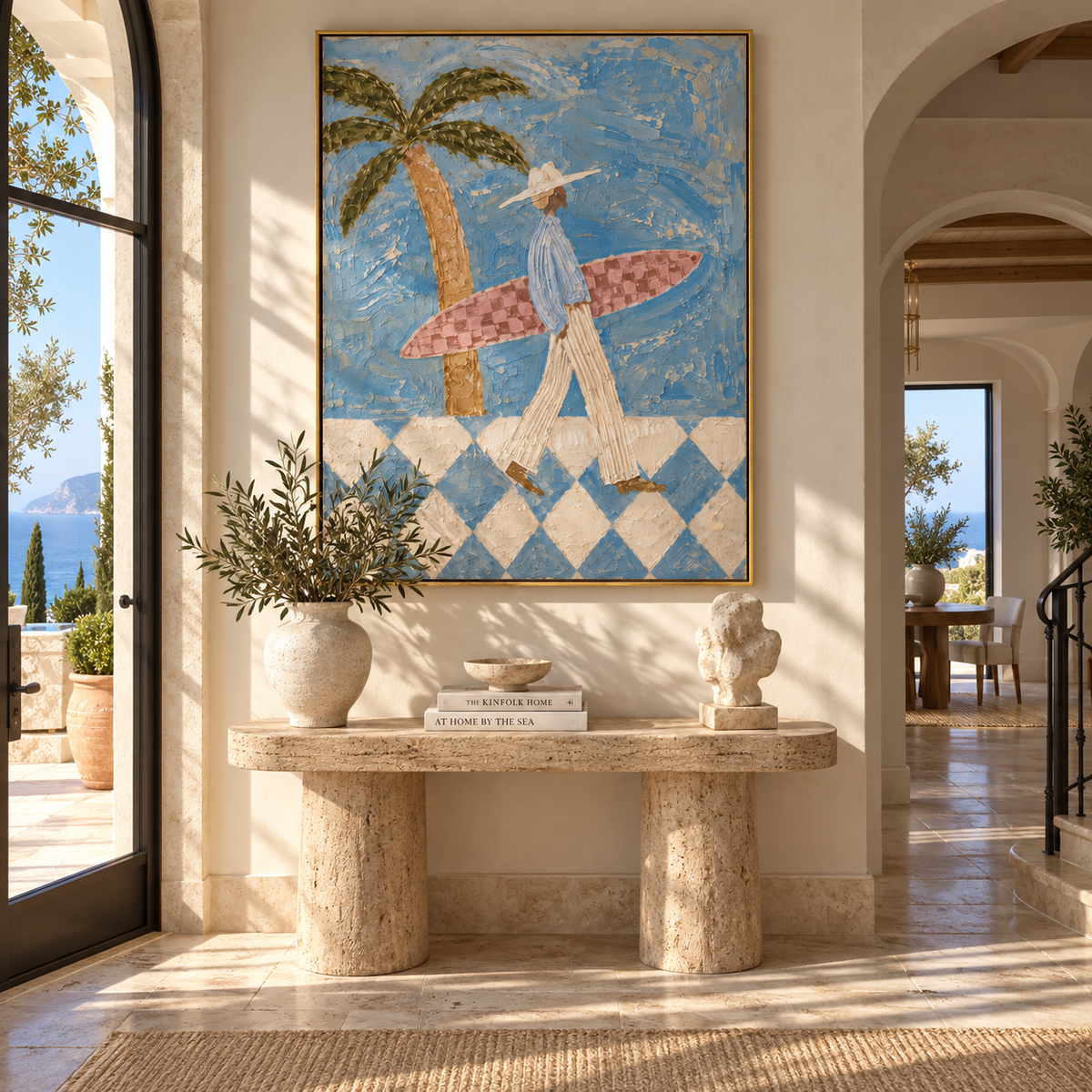 Palm Shade Surf Walk woman with surfboard painting displayed in a styled interior