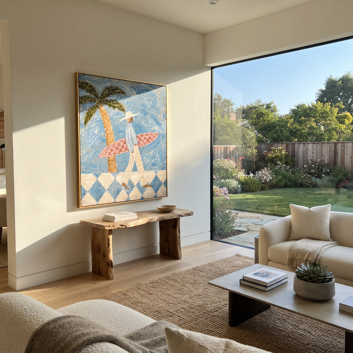 Palm Shade Surf Walk painting presented in an alternate room setting