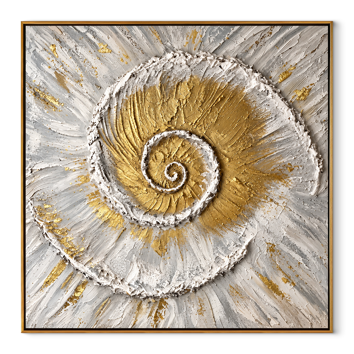 Gilded Spiral of Tides - gold seashell painting in a wood frame on white