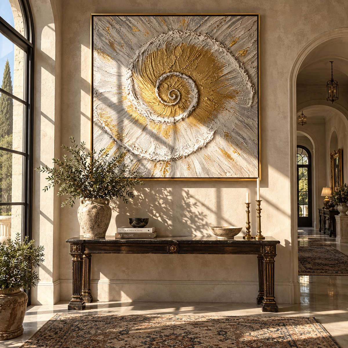 Gilded Spiral of Tides - gold seashell painting shown in modern room setting 2
