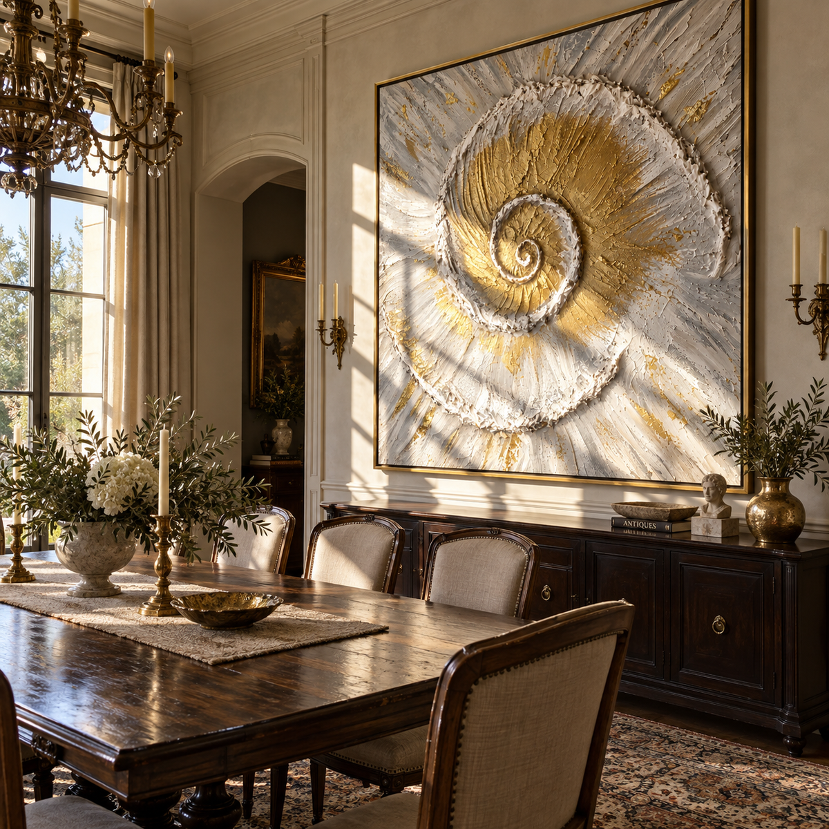 Gilded Spiral of Tides - gold seashell painting shown in modern room setting 3