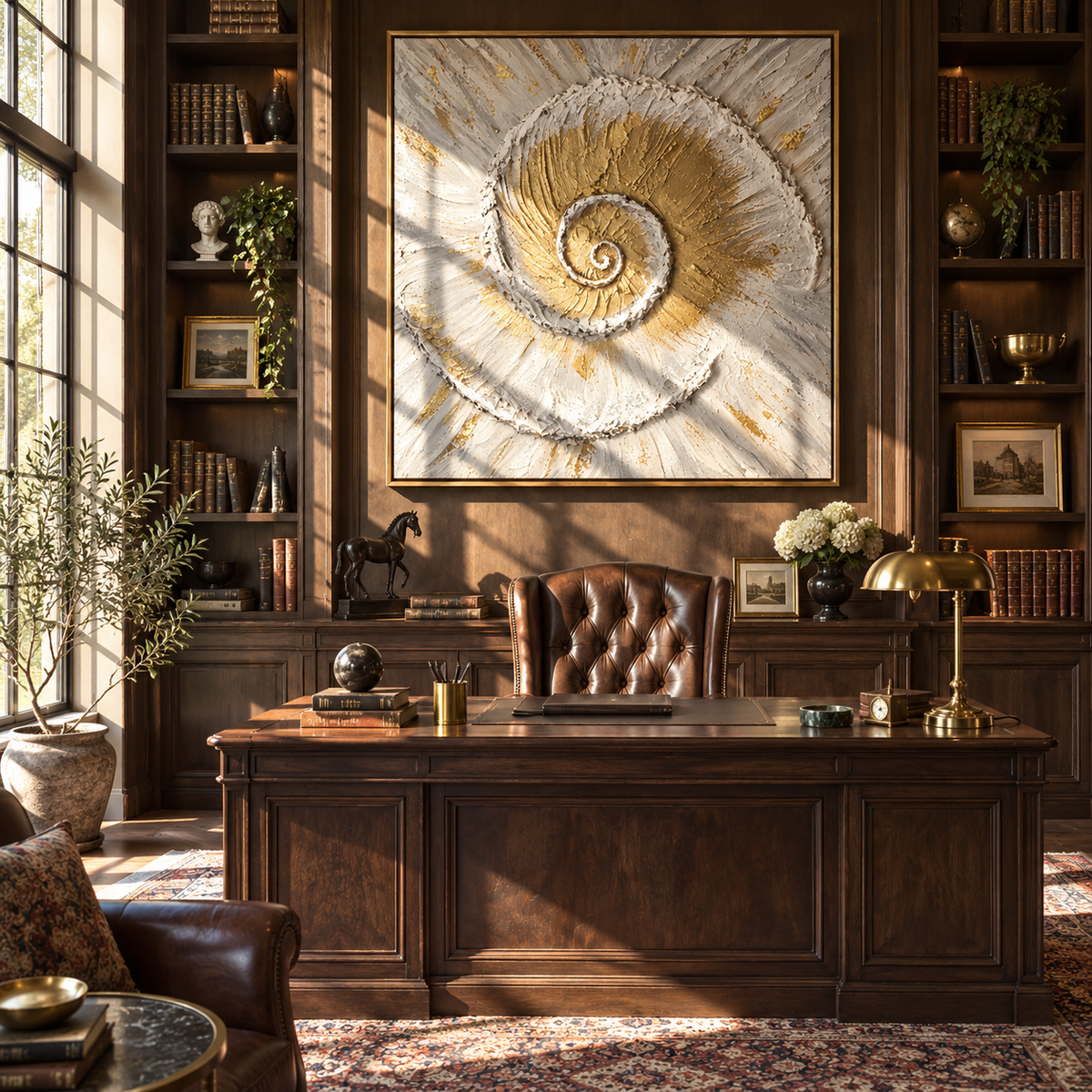 Gilded Spiral of Tides - gold seashell painting shown in modern room setting 5