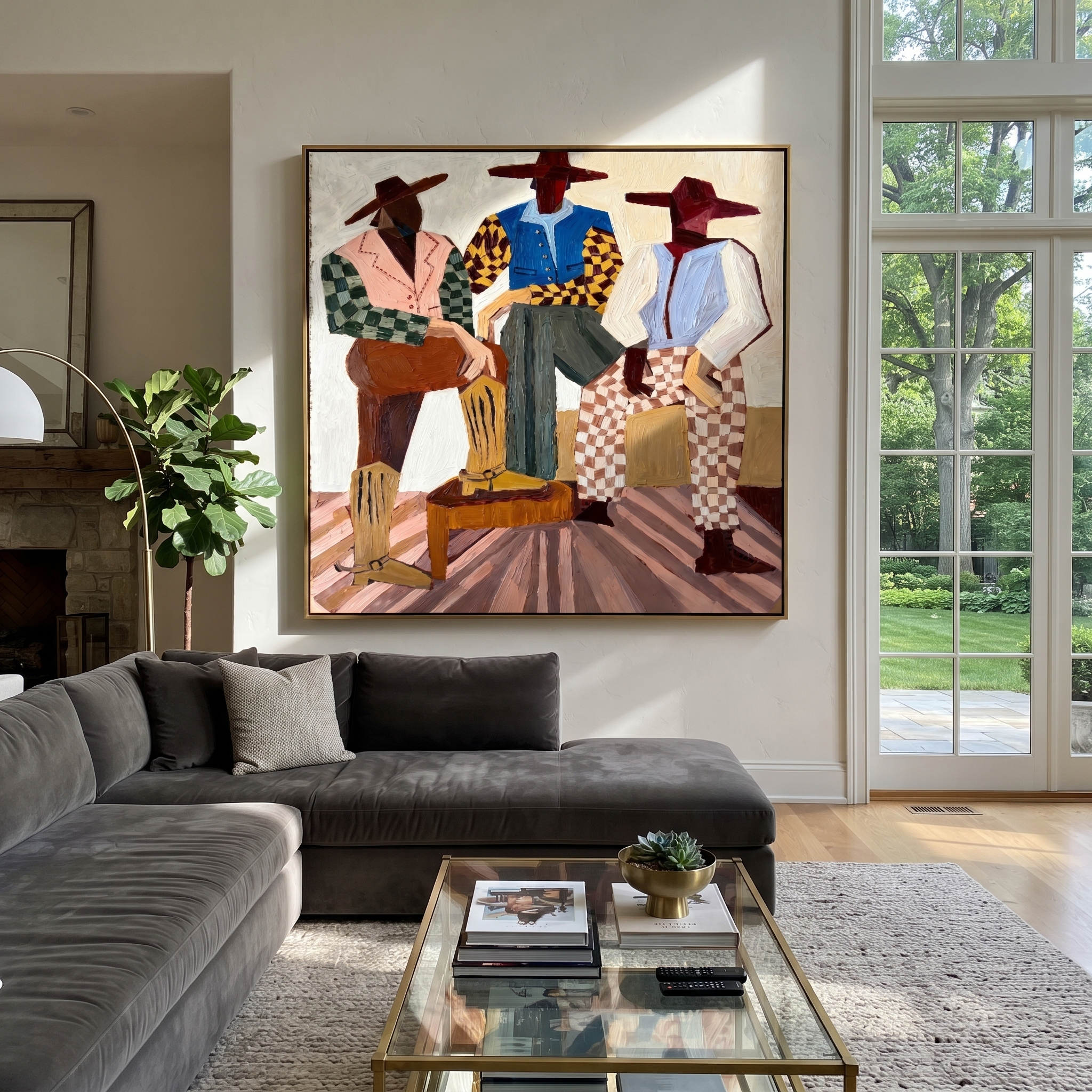 Checkered Riders Take Floor displayed in a collected contemporary interior