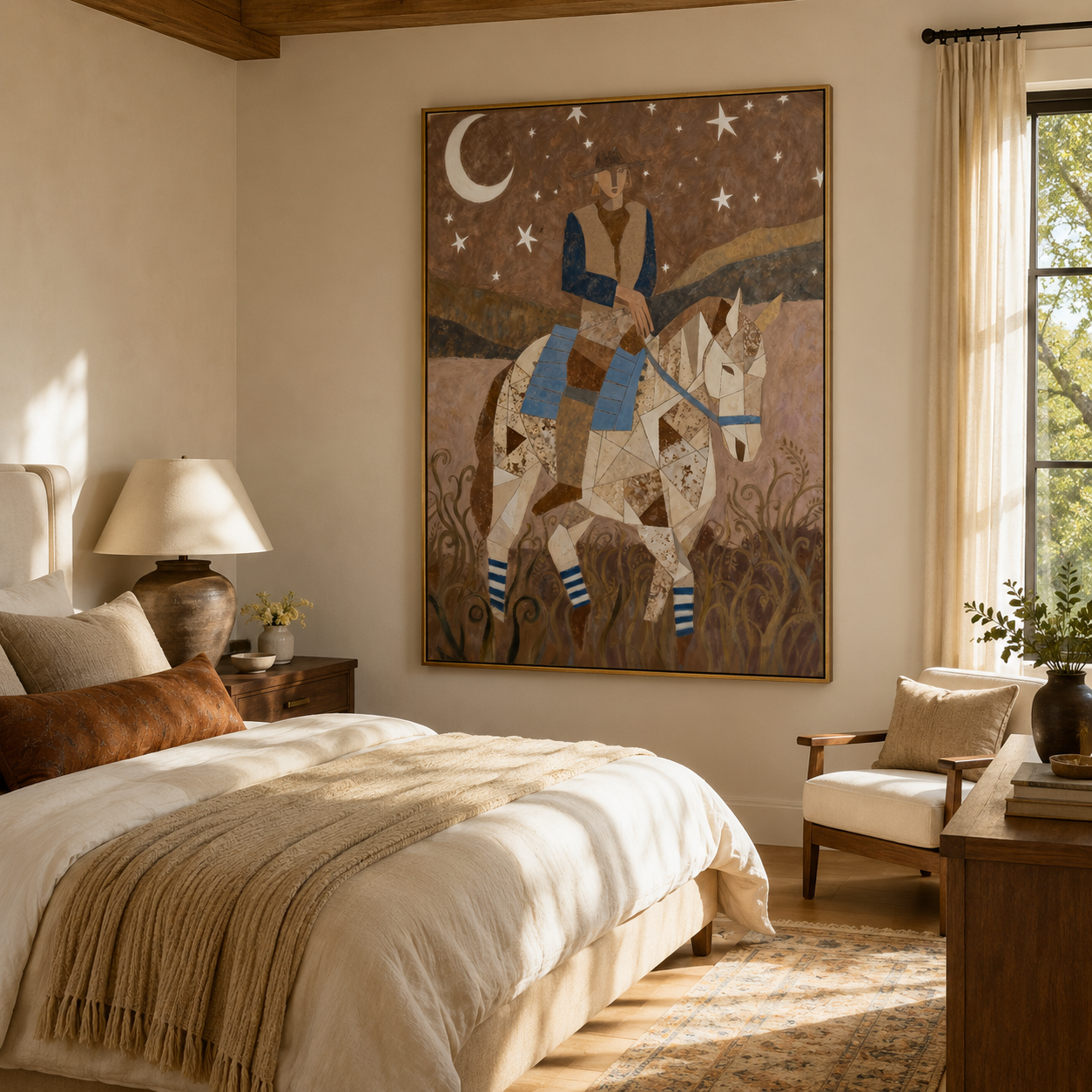 Moon Rider Crosses Silence displayed in a collected contemporary interior