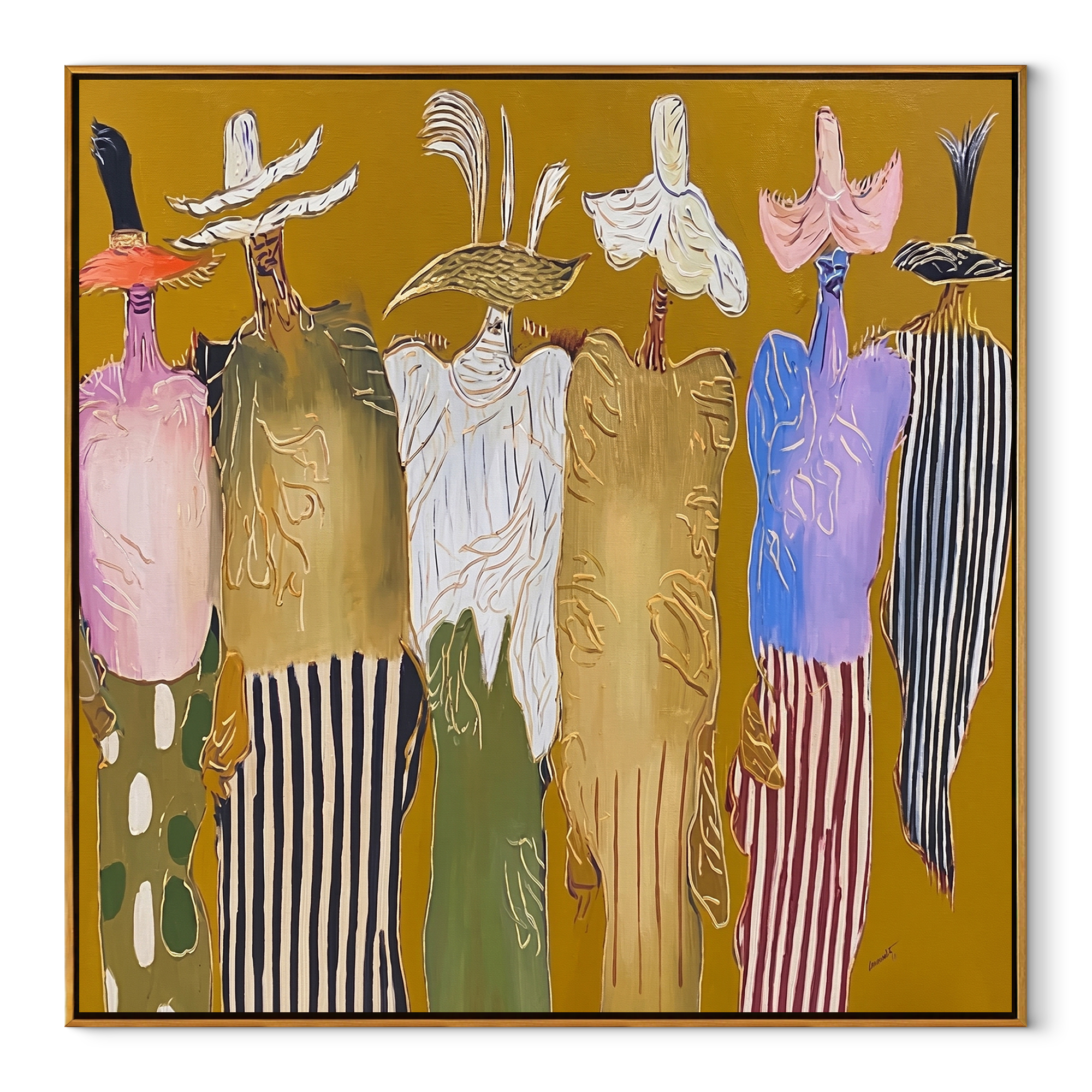 Feathered Hats Form Chorus Western figurative painting, square canvas artwork