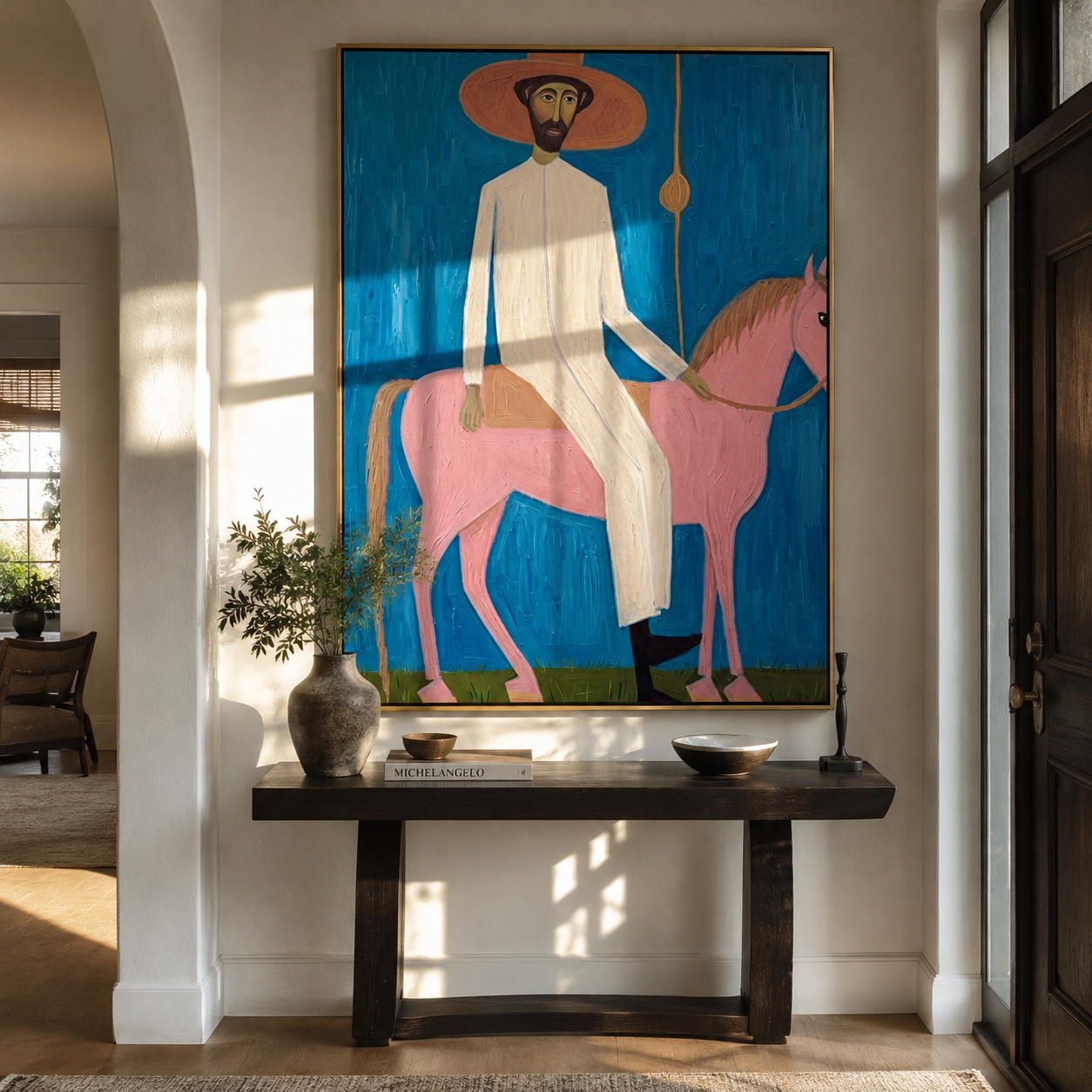 Pink Horse Under Blue displayed in a collected contemporary interior