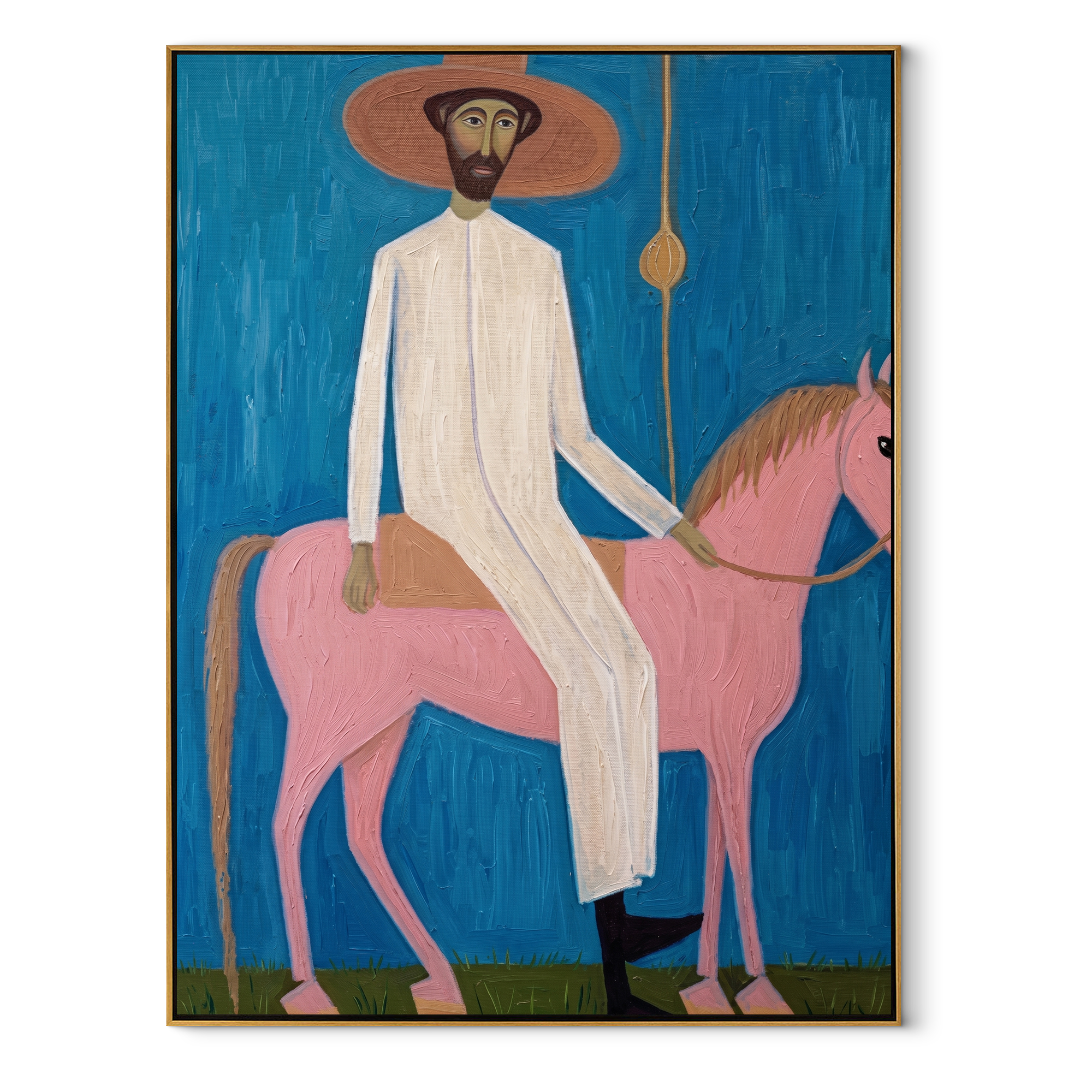 Pink Horse Under Blue Western figurative painting, vertical canvas artwork