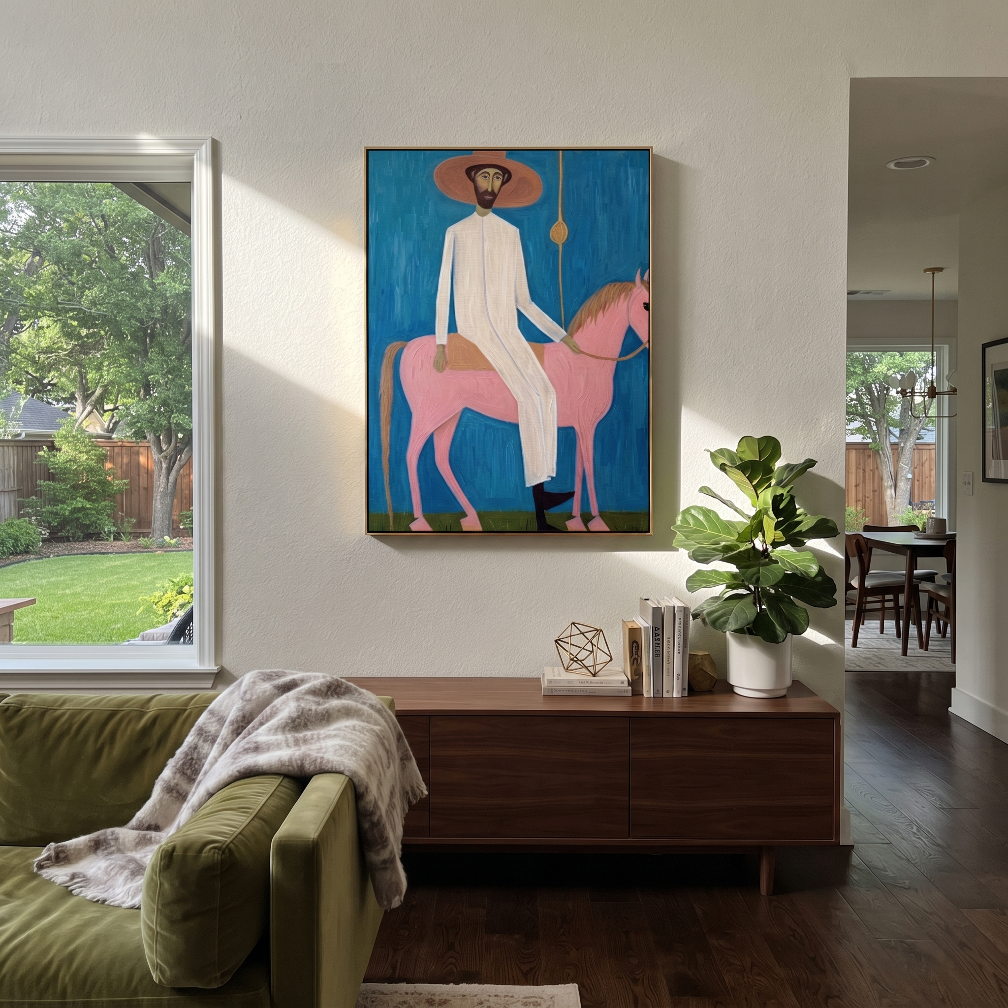 Pink Horse Under Blue presented as a colorful interior focal point