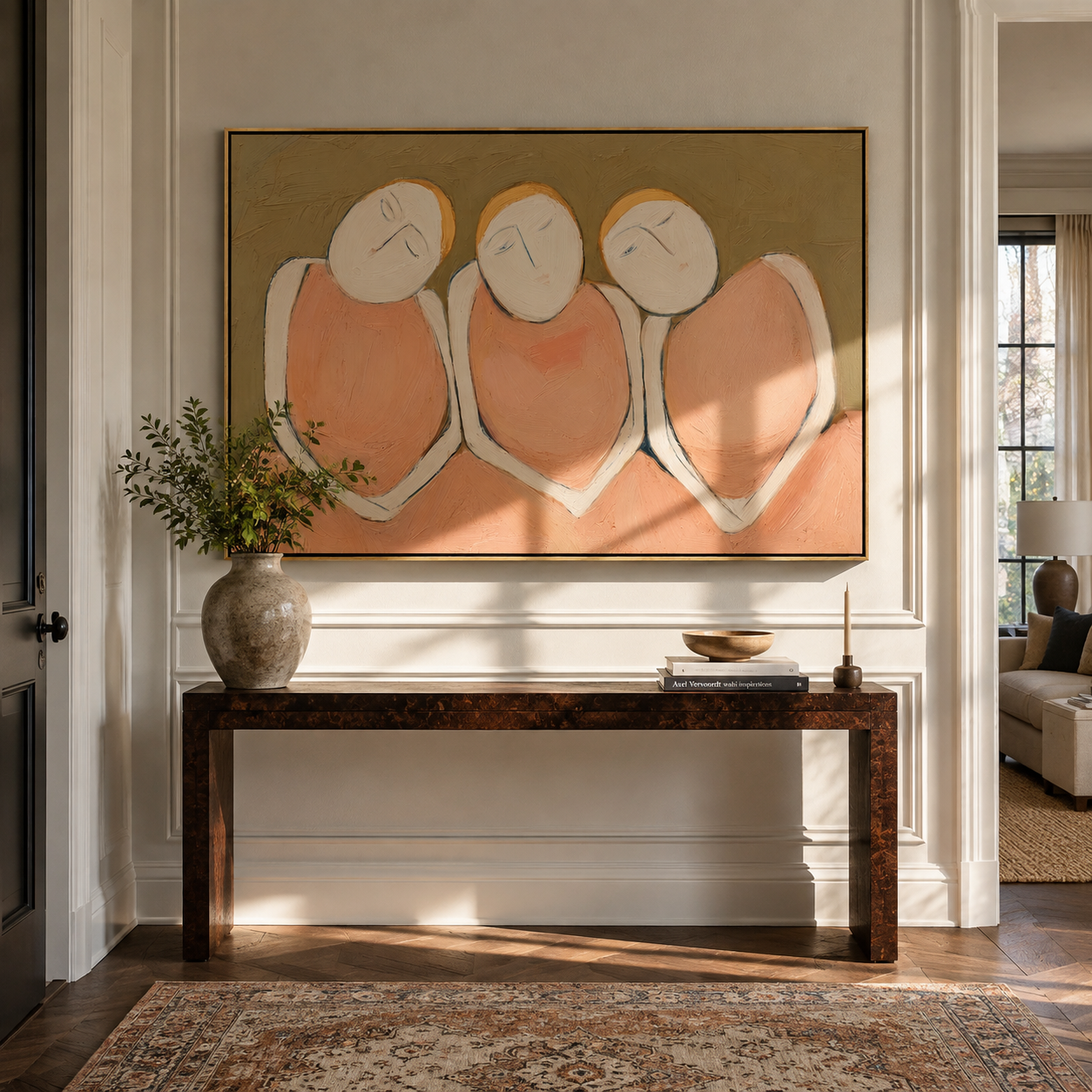 Three Faces Lean Together presented as a colorful interior focal point