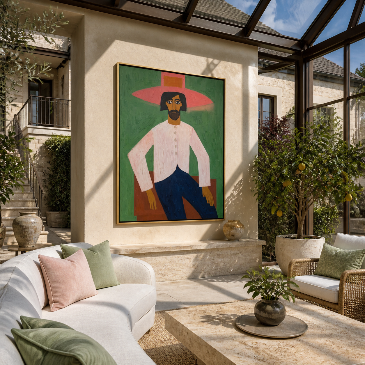 Rose Brim Holds Room styled with warm modern furnishings