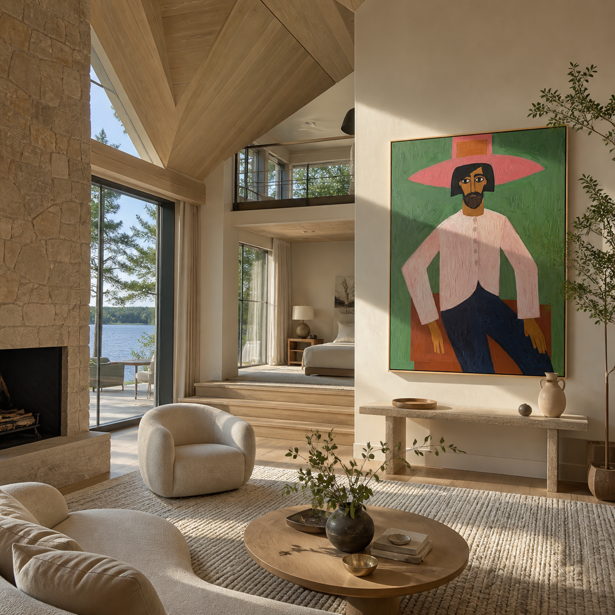 Rose Brim Holds Room styled with wood, linen, and modern decor