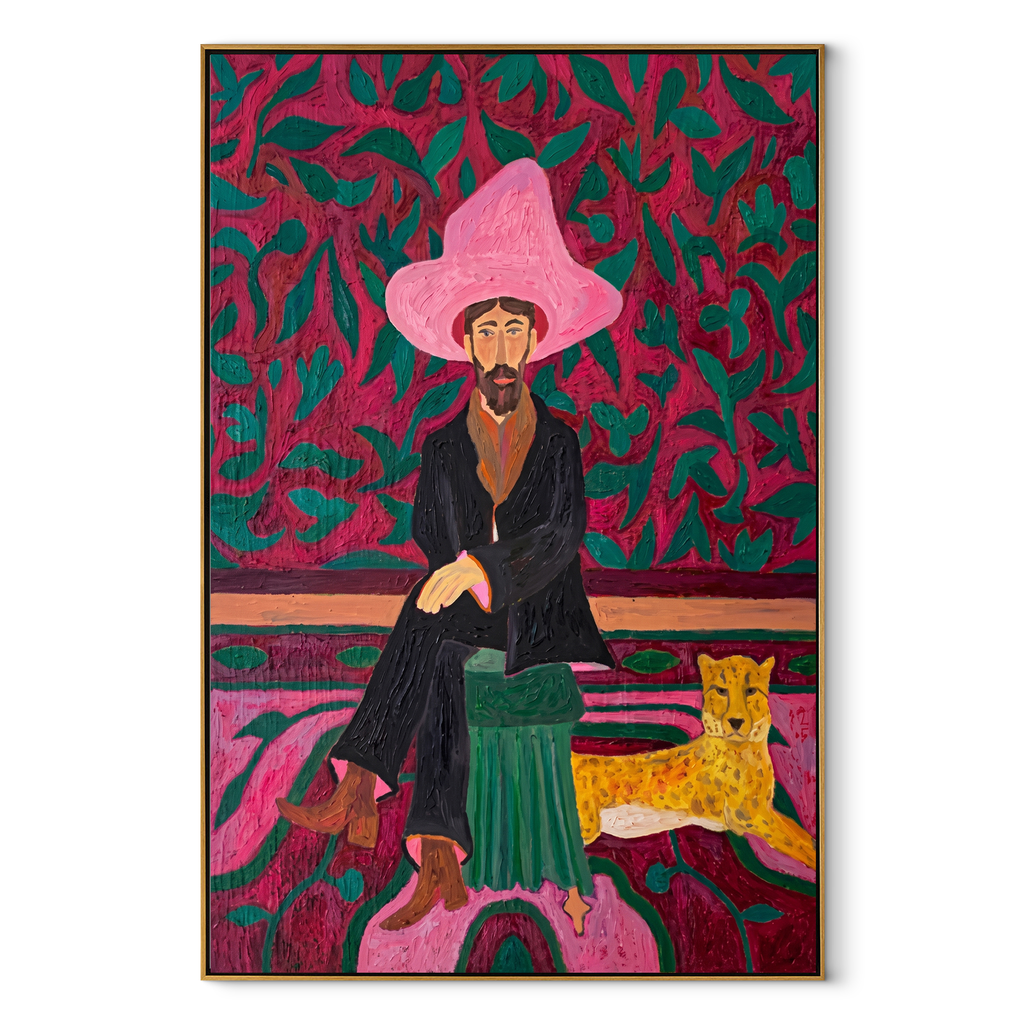 Pink Garden Keeps Cheetah Western figurative painting, vertical canvas artwork