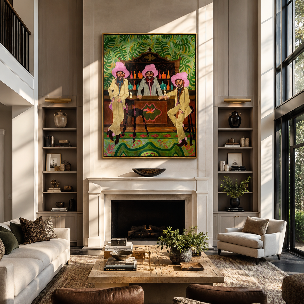 Pink Hats Guard Bottles styled with warm modern furnishings