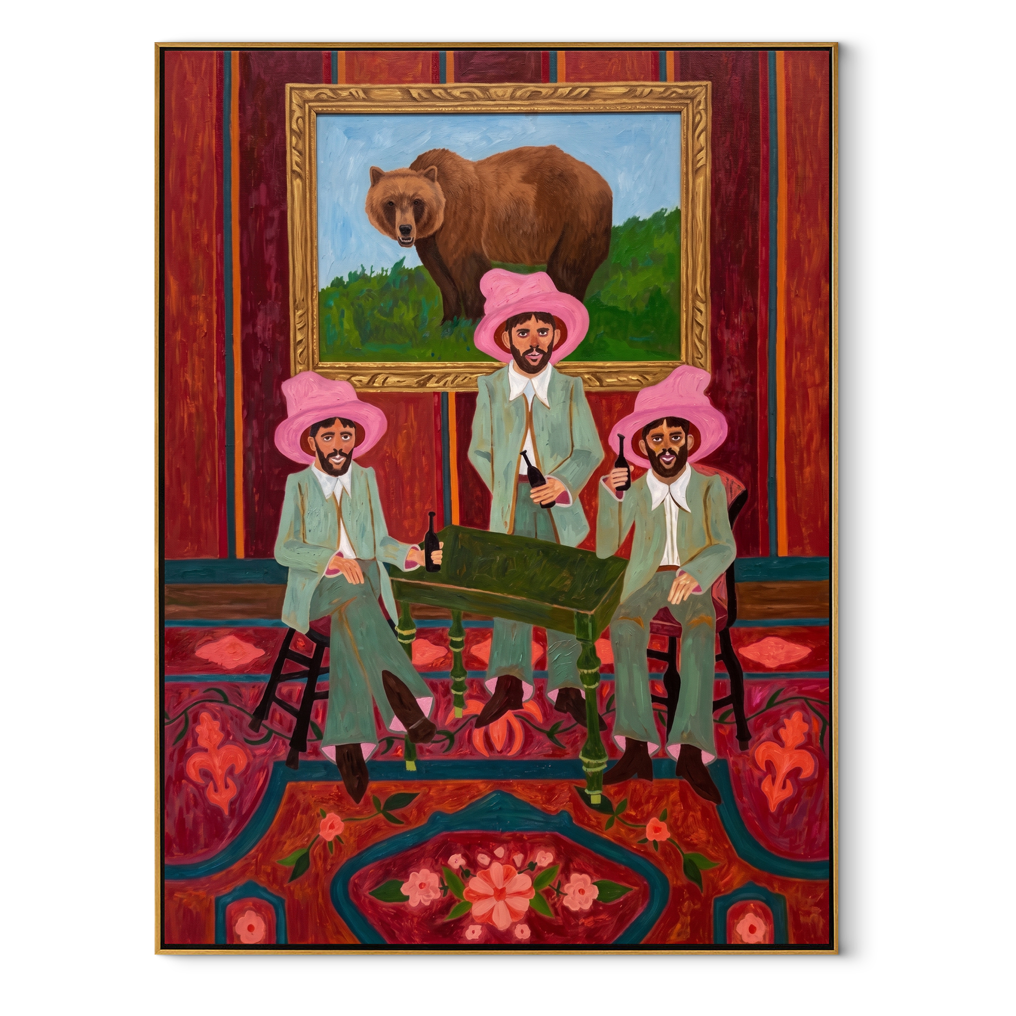 Bear Watches Pink Company Western figurative painting, vertical canvas artwork