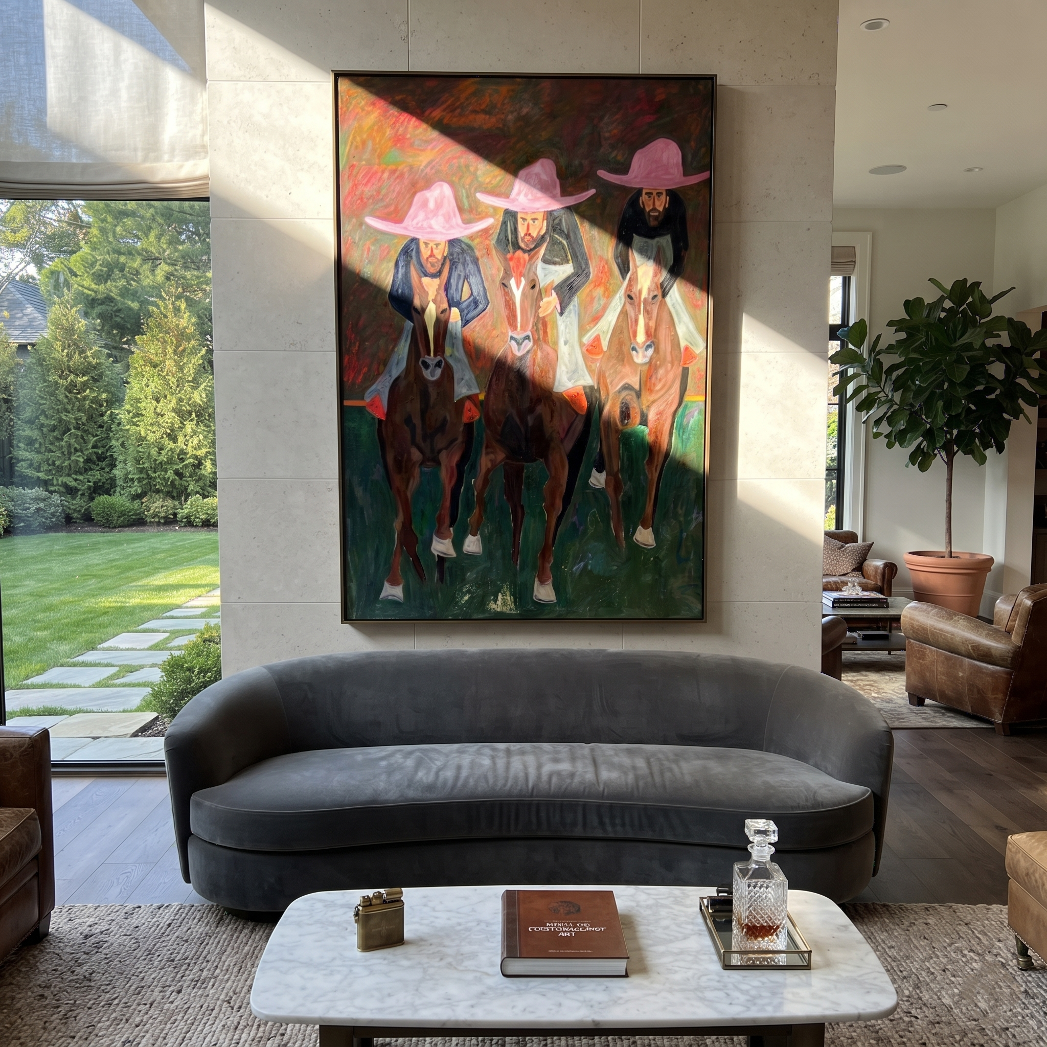 Three Riders Charge Green displayed in a collected contemporary interior