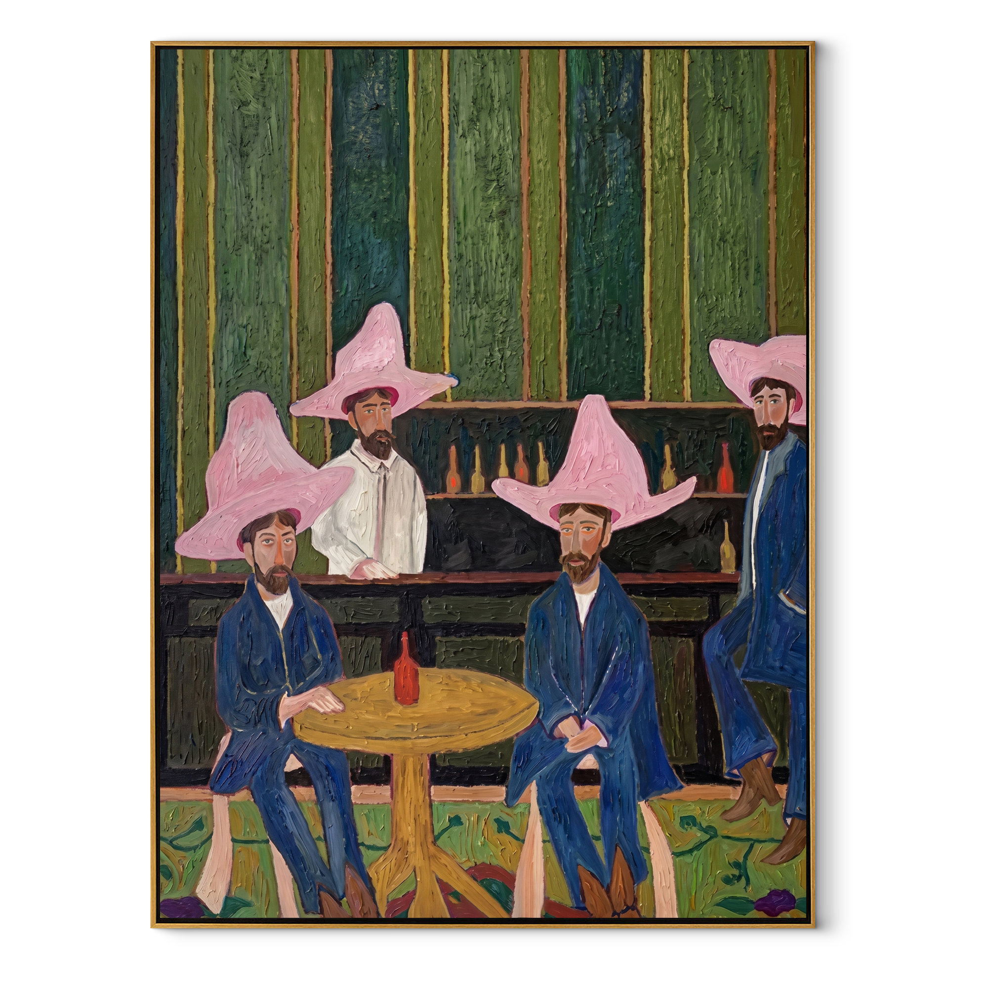 Blue Suits Wait Tables Western figurative painting, vertical canvas artwork
