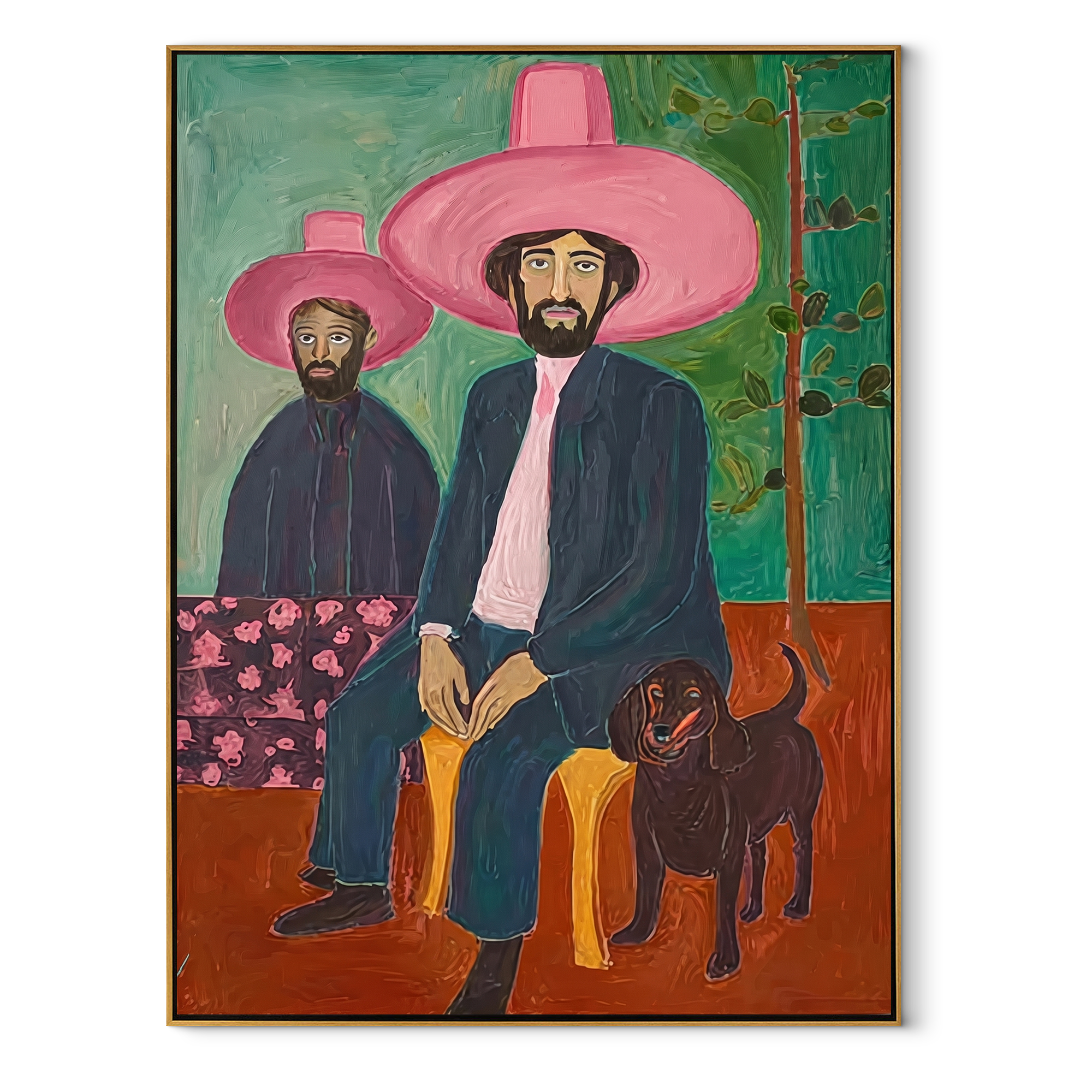 Pink Brims Shelter Hound Western figurative painting, vertical canvas artwork