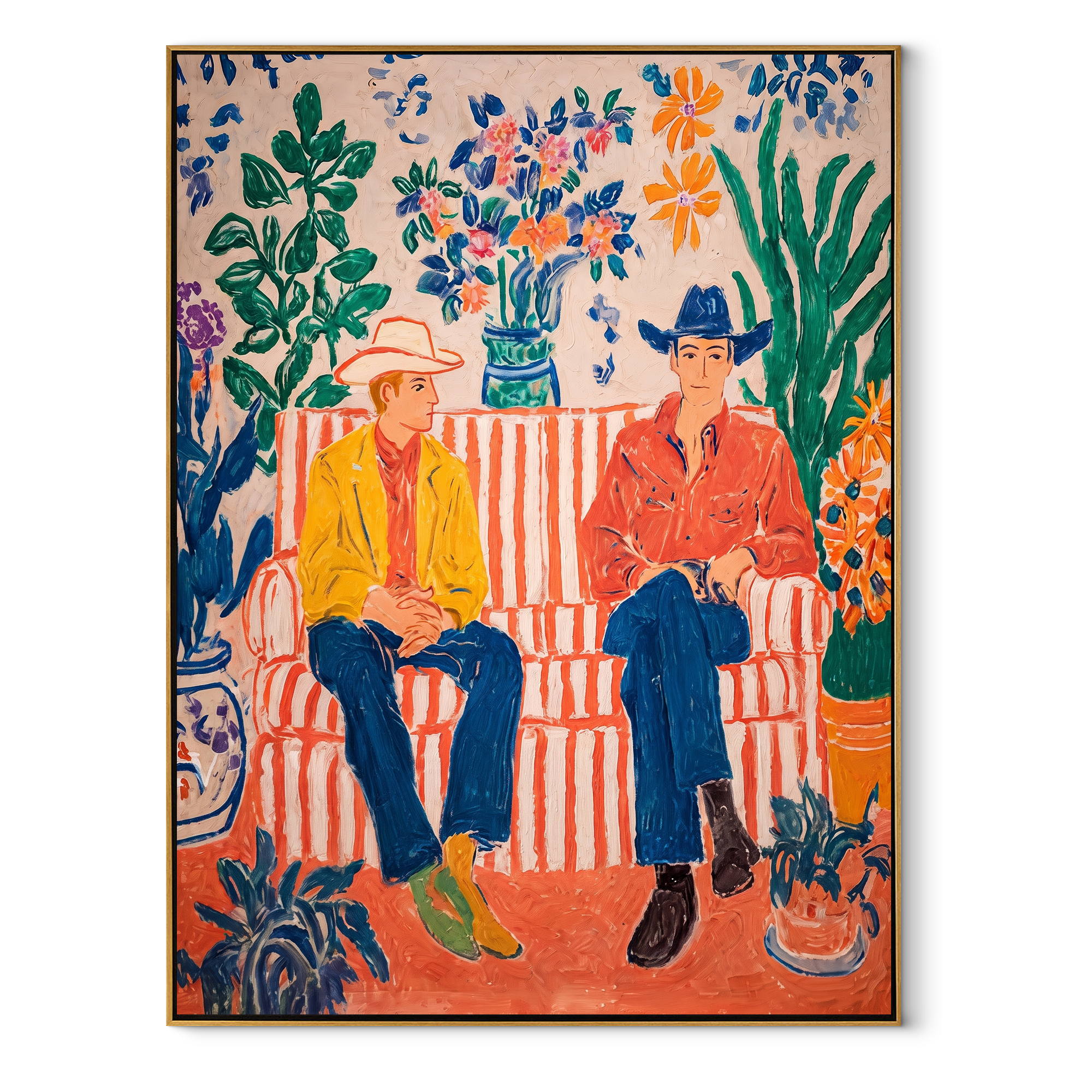 Striped Sofa Grows Wild Western figurative painting, vertical canvas artwork