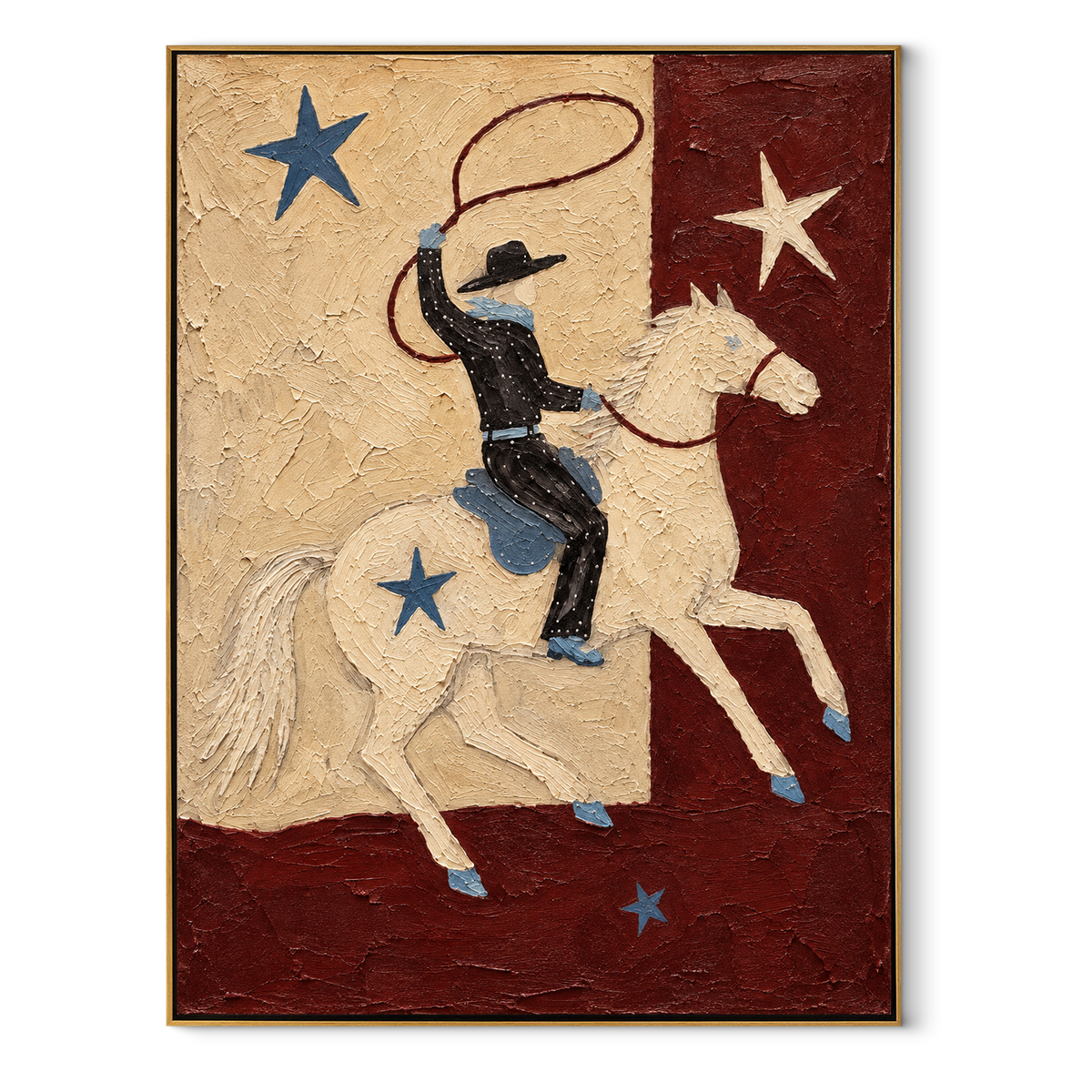 Stars Follow the Lariat - colorful modern folk cowboy painting, vertical textured Western wall art - wood frame on white background