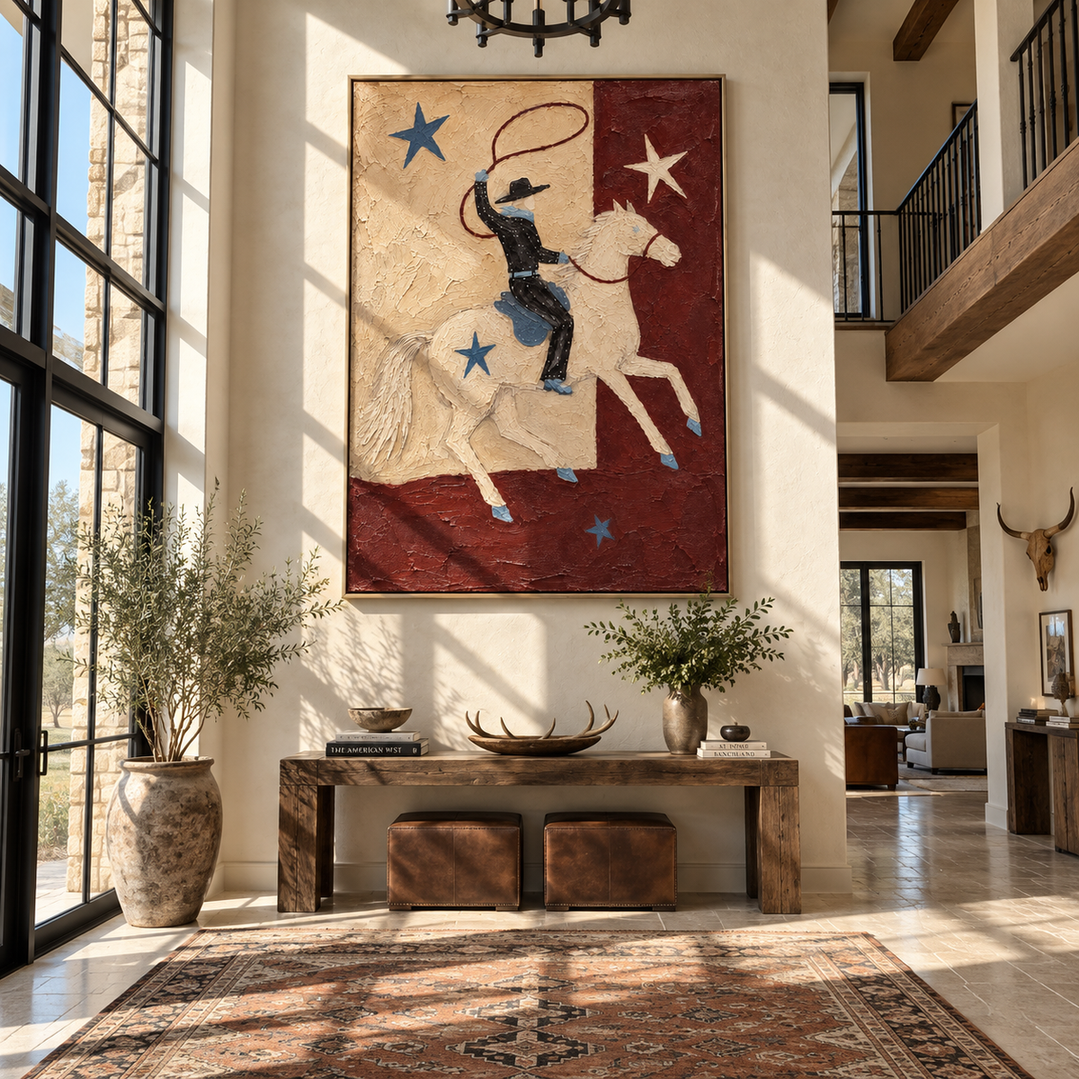 Stars Follow the Lariat - colorful modern folk cowboy painting, vertical textured Western wall art - displayed above a narrow living room console