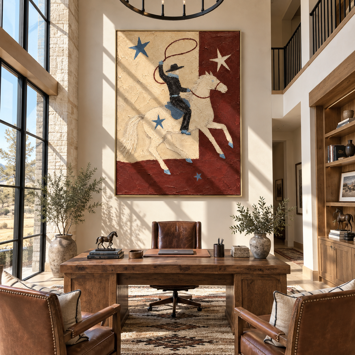 Stars Follow the Lariat - colorful modern folk cowboy painting, vertical textured Western wall art - displayed along a boutique hotel corridor