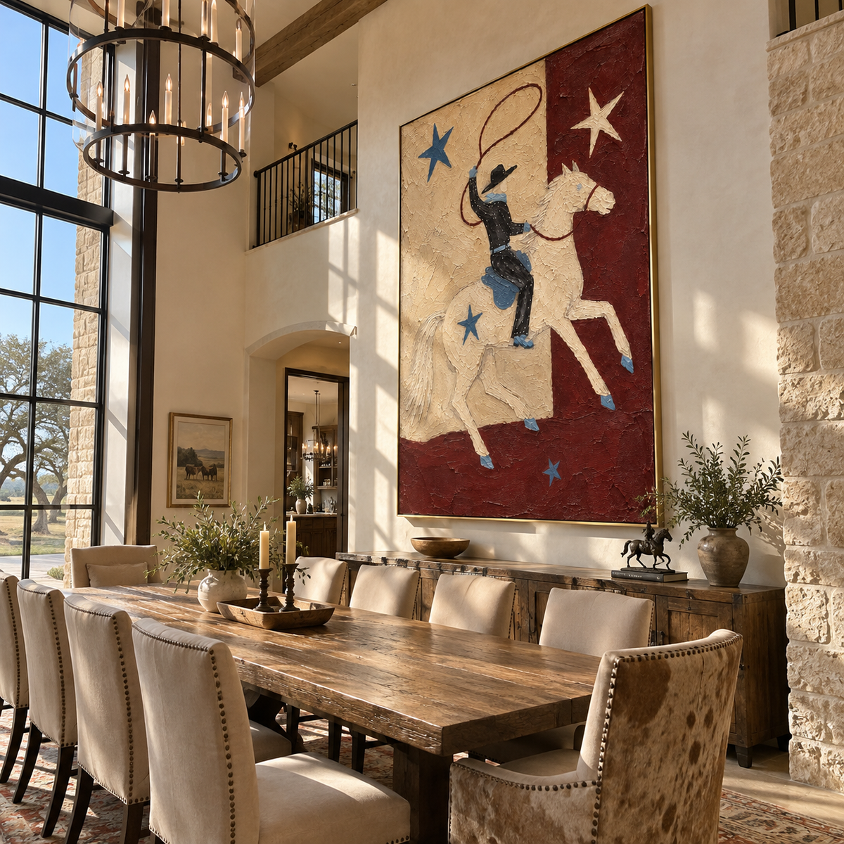Stars Follow the Lariat - colorful modern folk cowboy painting, vertical textured Western wall art - displayed beside a leather reading chair