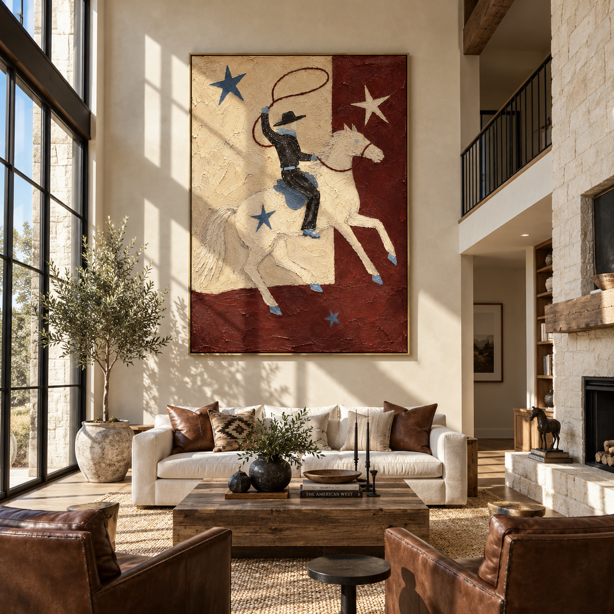 Stars Follow the Lariat - colorful modern folk cowboy painting, vertical textured Western wall art - displayed at the end of a bright hallway