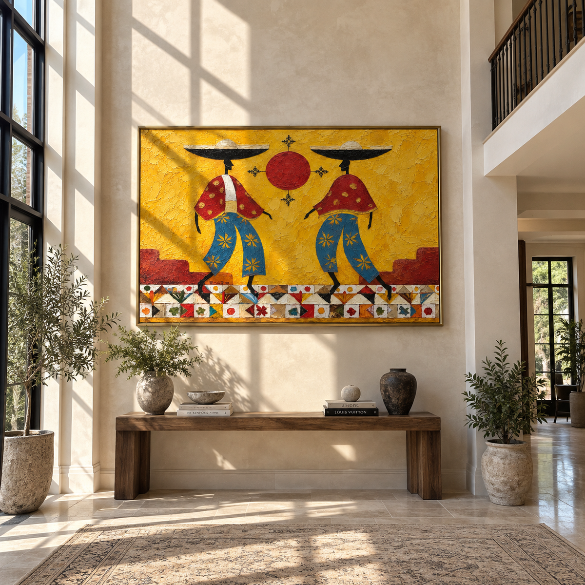 Sun Between Two Brims - colorful modern folk cowboy painting, horizontal textured Western wall art - displayed over a creative home office credenza