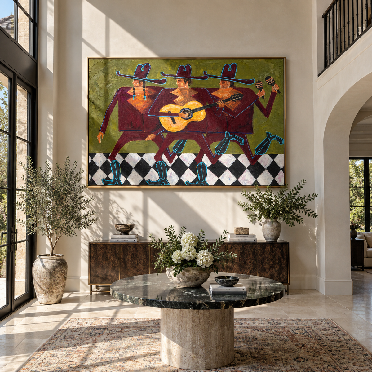 Three Riders Keep the Rhythm - colorful modern folk cowboy painting, horizontal textured Western wall art - displayed behind a long dining table