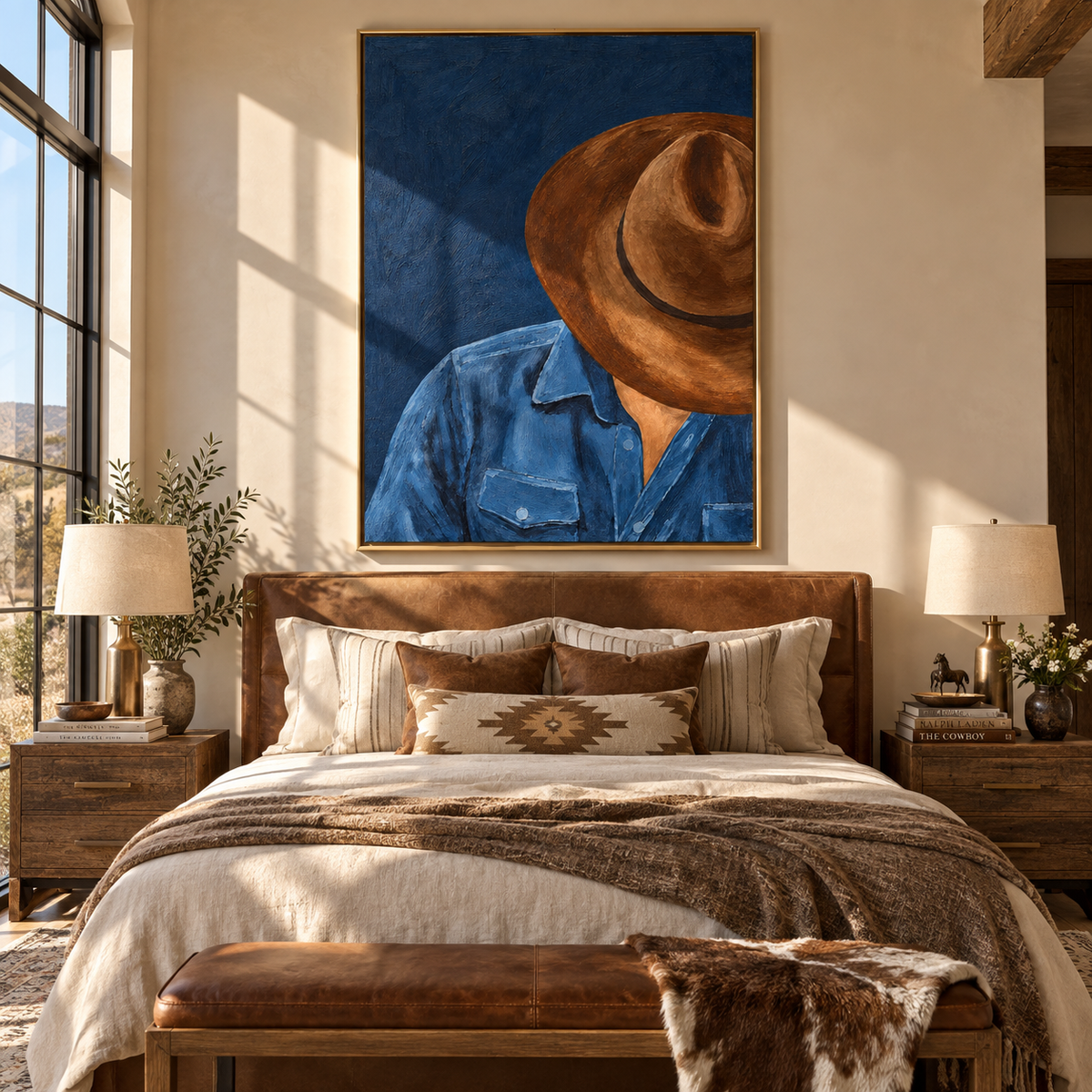 Hat Low at Midnight - cowboy portrait painting displayed in a styled interior