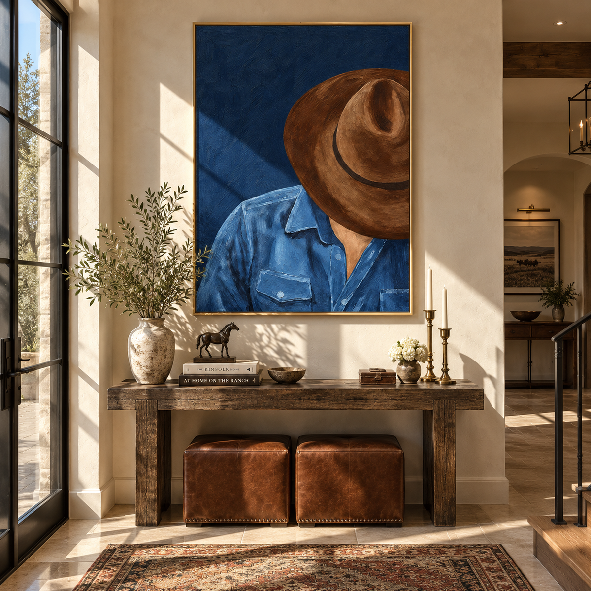 Hat Low at Midnight - cowboy portrait painting shown in modern room setting 2