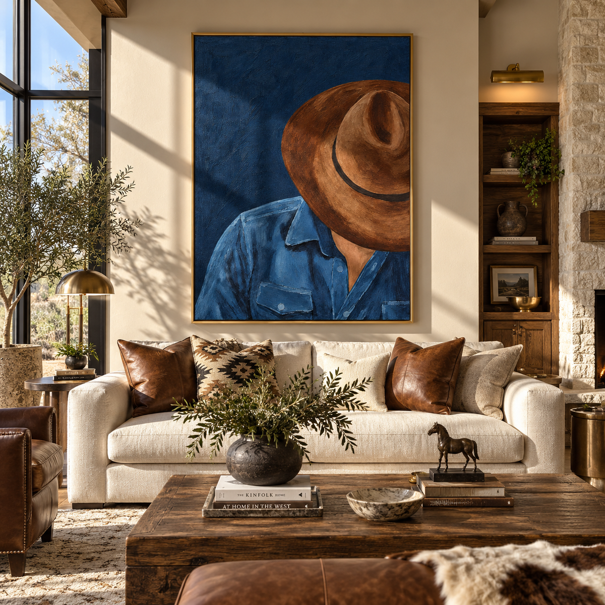 Hat Low at Midnight - cowboy portrait painting shown in modern room setting 4