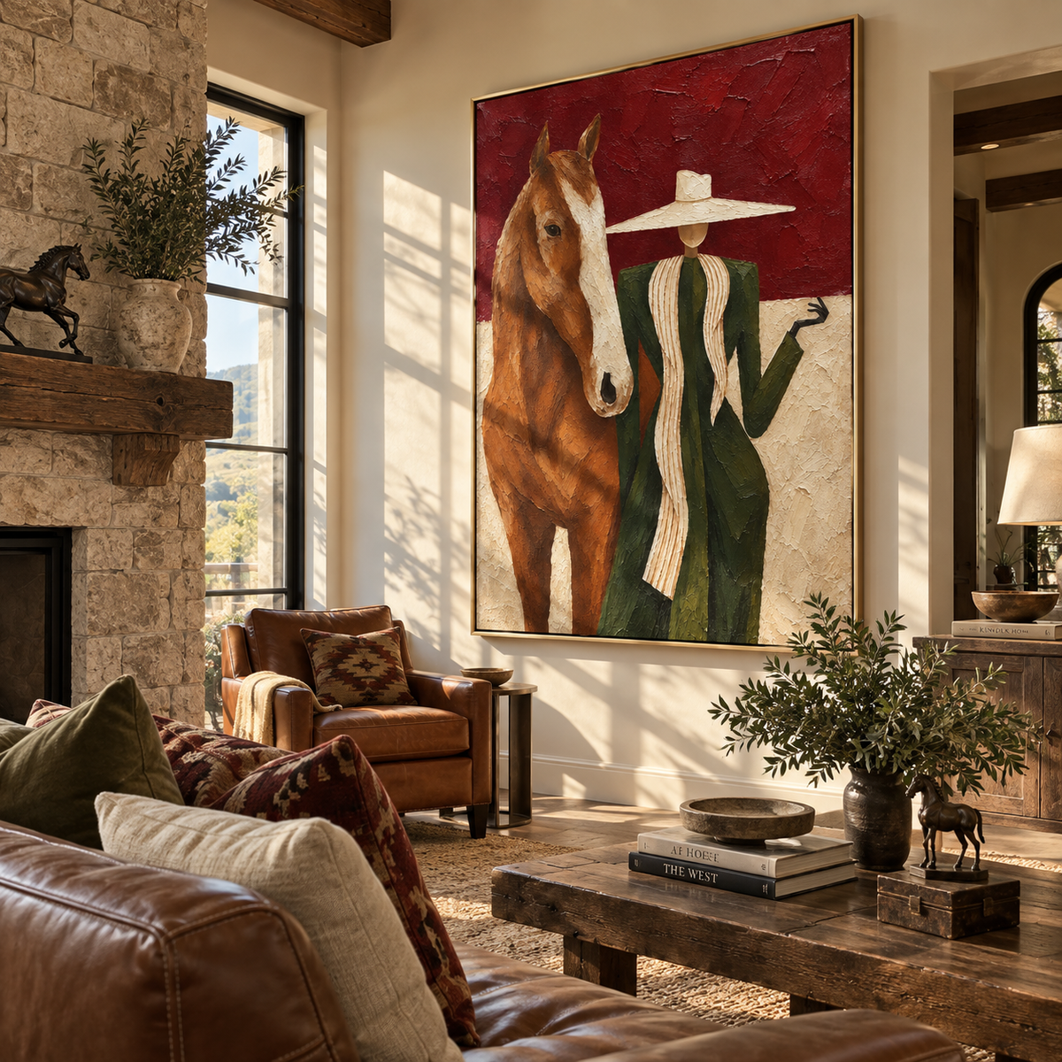 Scarlet Brim with Chestnut - cowgirl and horse painting displayed in a styled interior
