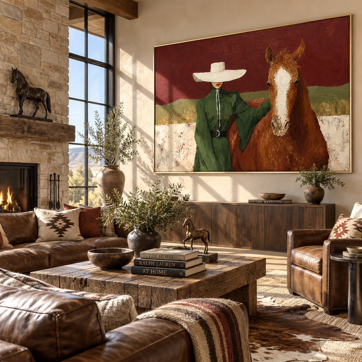 Green Coat Across Fields - cowgirl and horse painting displayed in a styled interior