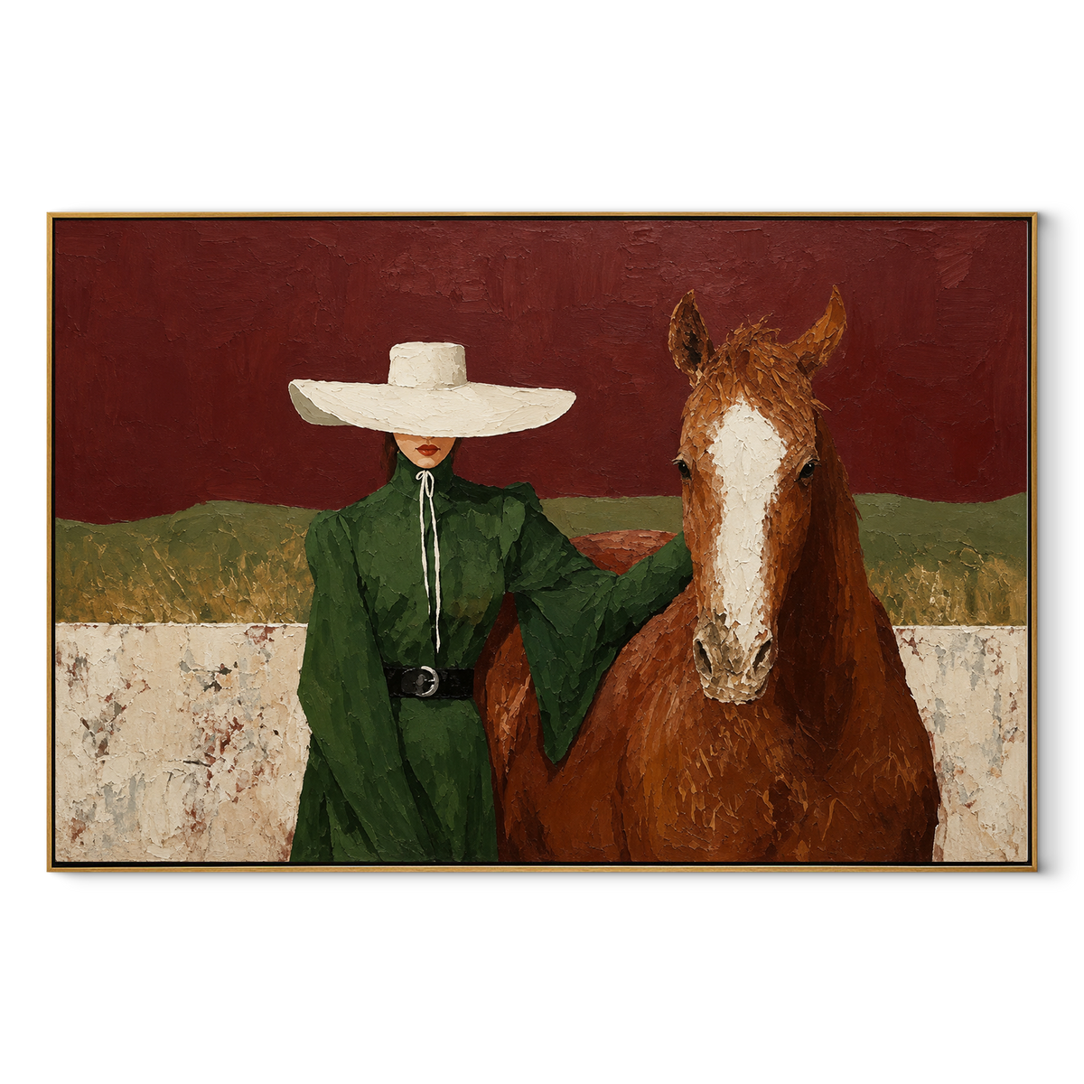 Green Coat Across Fields - cowgirl and horse painting in a wood frame on white