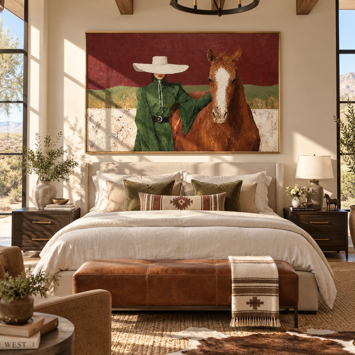 Green Coat Across Fields - cowgirl and horse painting shown in modern room setting 3