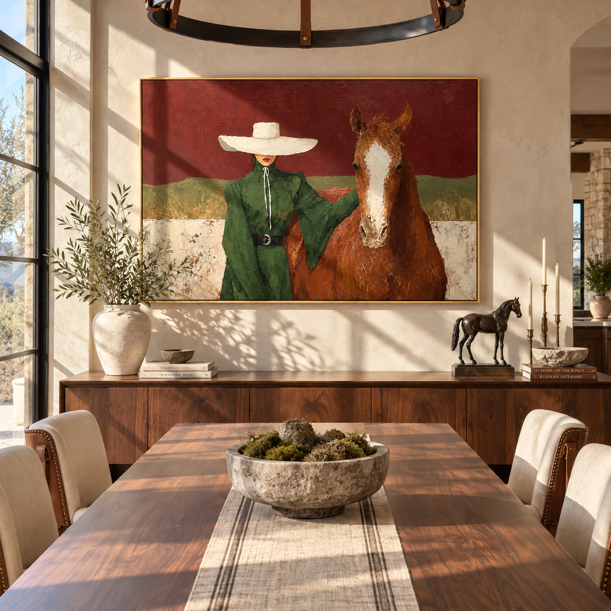 Green Coat Across Fields - cowgirl and horse painting shown in modern room setting 4