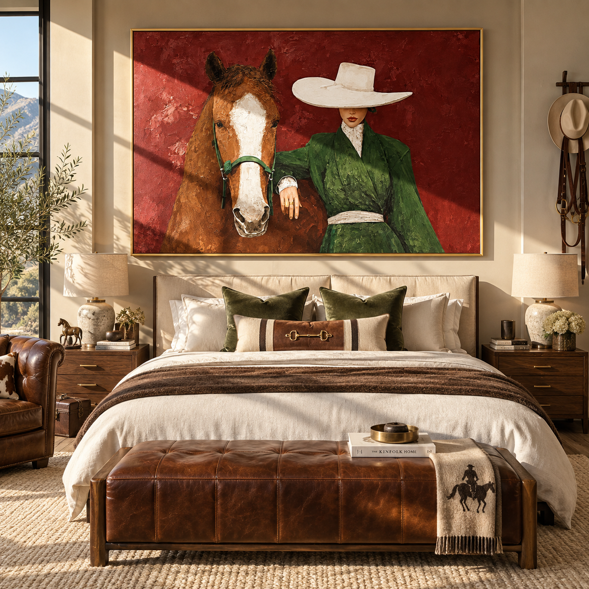 White Brim Beside Chestnut - cowgirl and horse painting shown in modern room setting 3